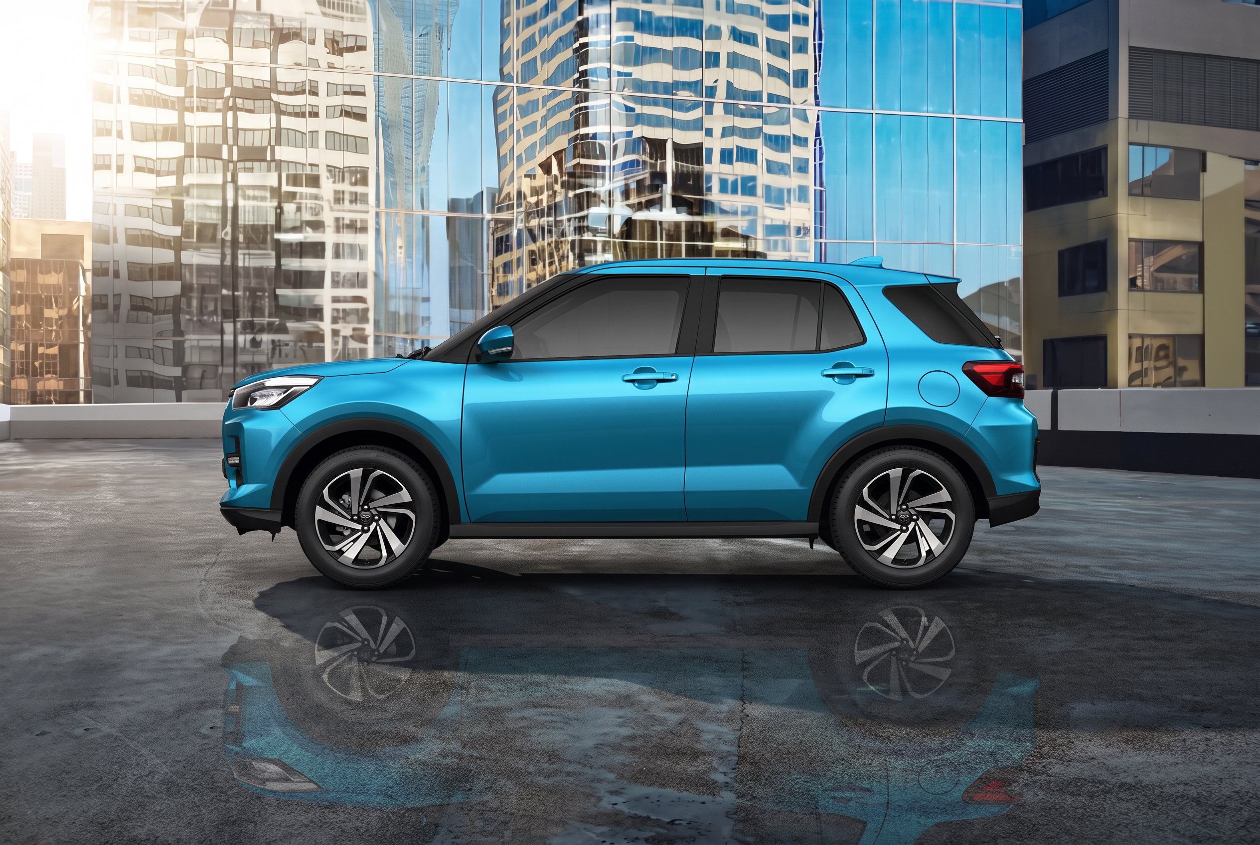 Toyota Raize crossover parked in front of modern glass buildings
